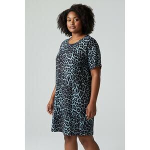 Turquoise Leopard Print Dress 4X/5X | Stretch Knit Shift Plus Size Casual